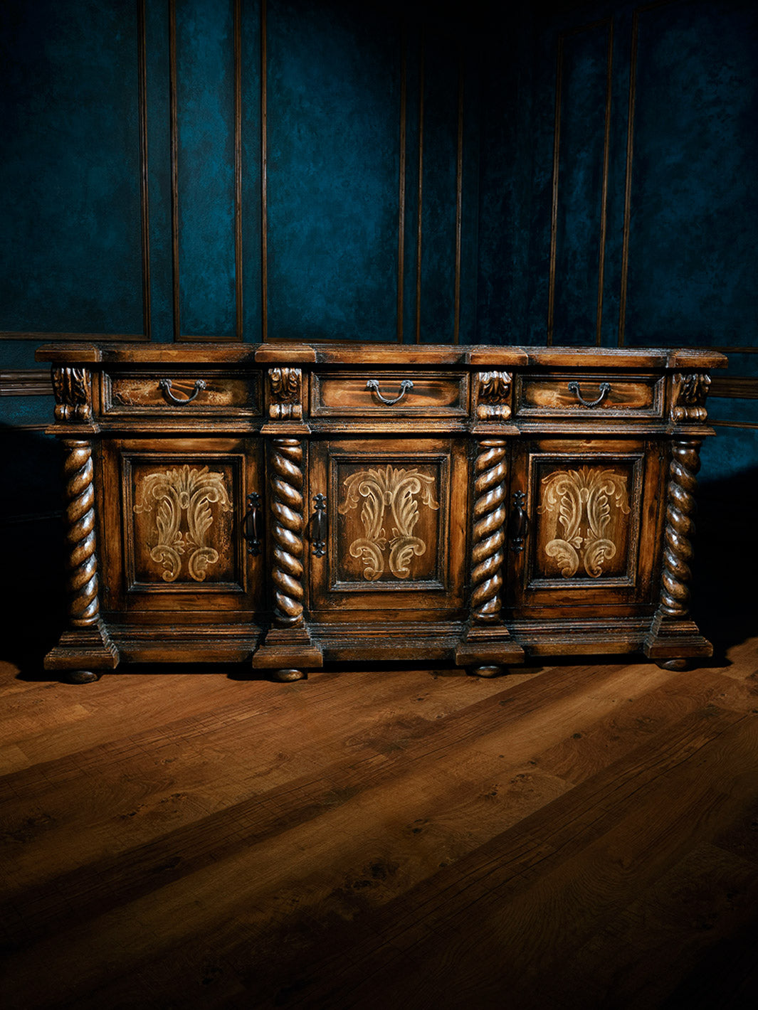carved wooden buffet with 3 doors