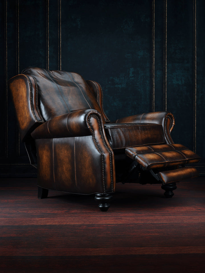 dark brown burnished leather recliner