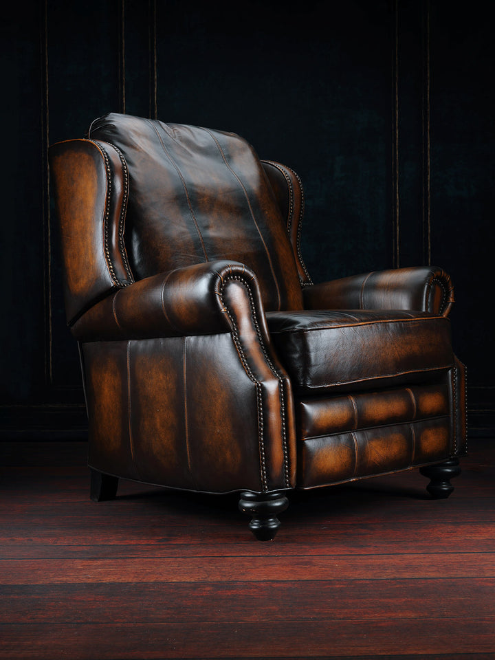 dark brown burnished leather recliner