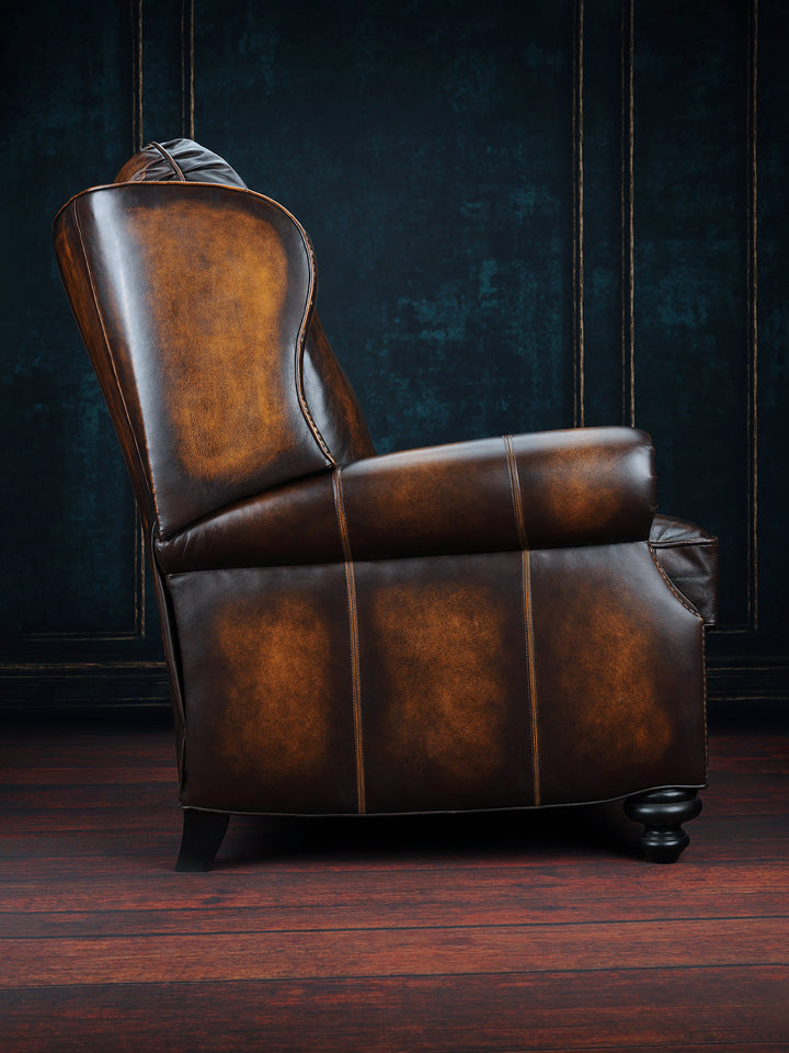 side view of dark brown burnished leather recliner