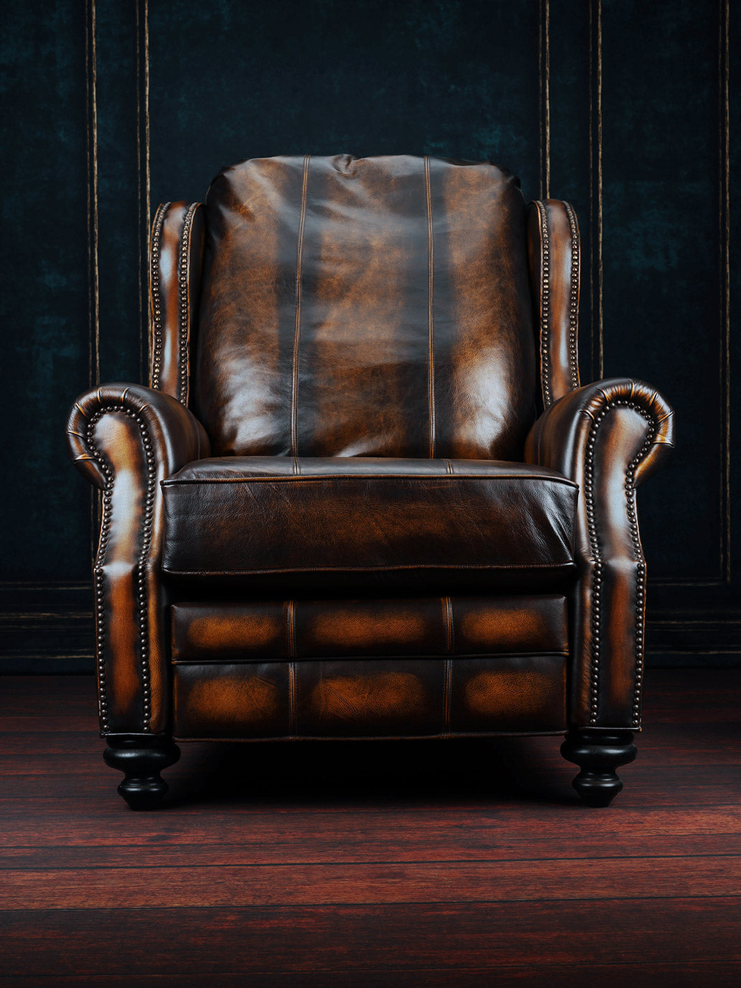 front view of dark brown burnished leather recliner