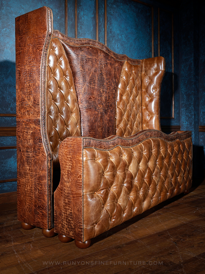 Crocodile Dundee Leather Tufted Bed with tufted headboard and footboard detailing, styled in a Western room setting