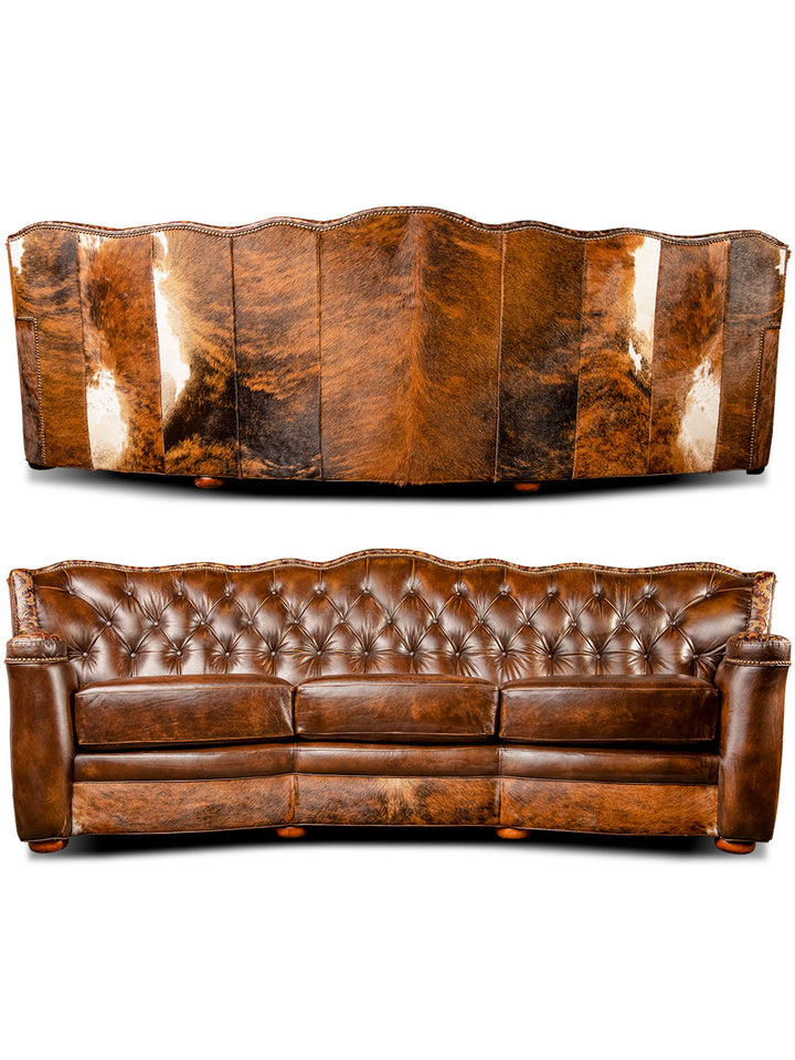 front and back view of luxurious brown leather/cowhide tufted sofa