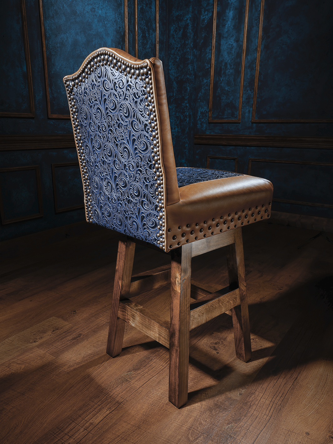 armless tooled leather western bar stool