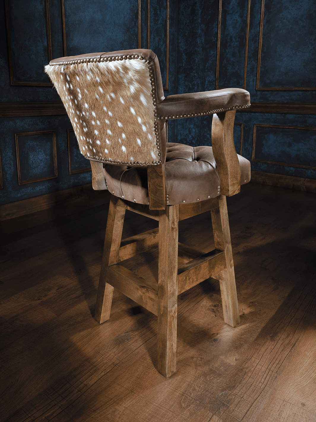 high end lodge style leather bar stool with axis hide