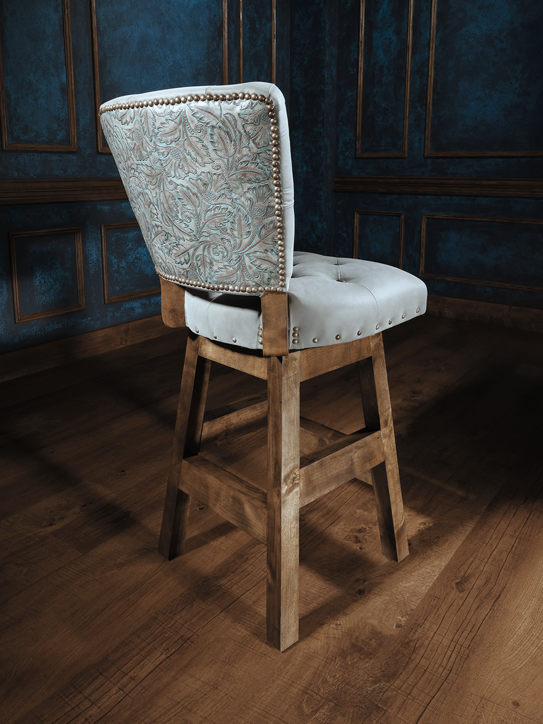 armless tooled leather and suede western bar stool