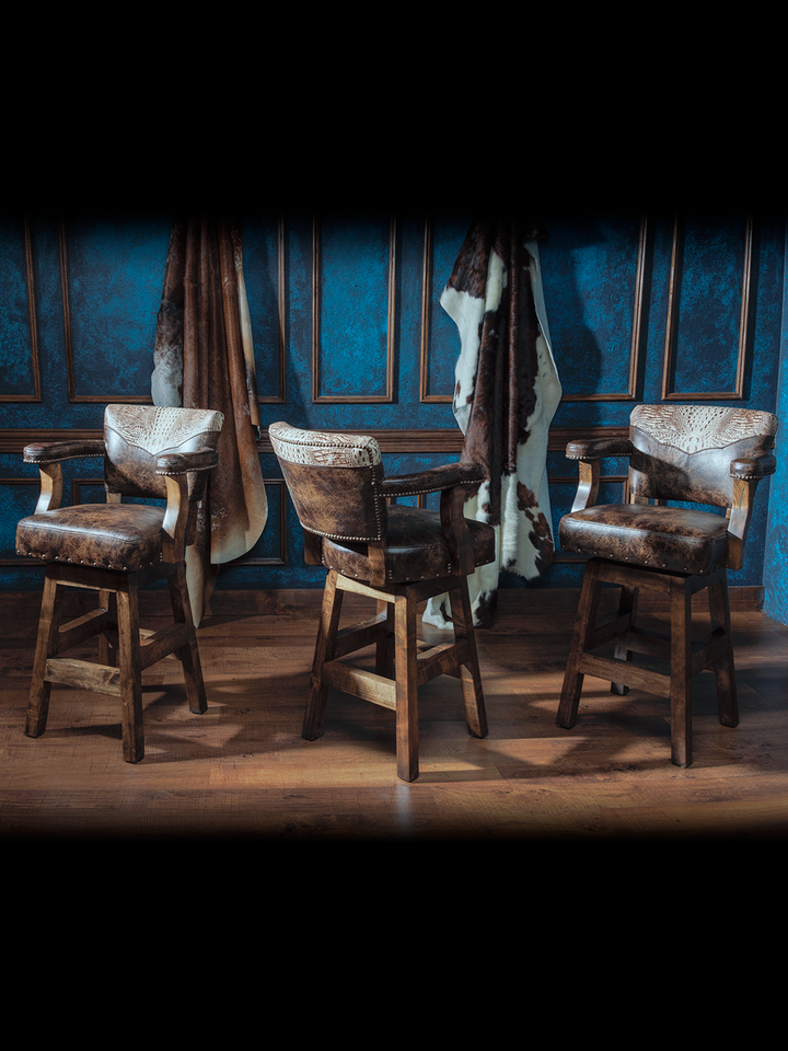 Kryptonite Cowboy Western Bar Stool shown in a rustic bar scene with western accents.