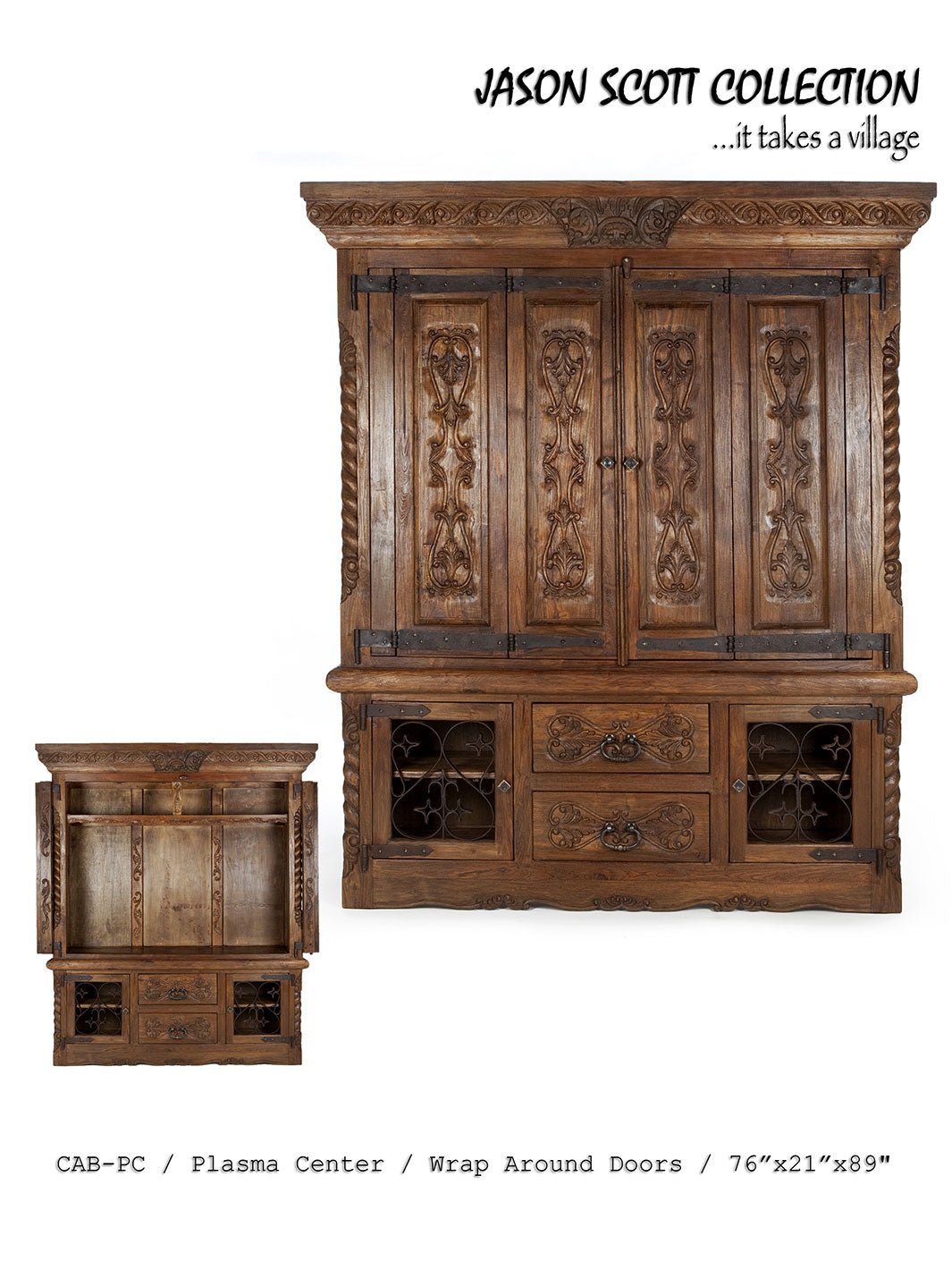 A two-tone, brown wooden cabinet with intricate carvings and detailing, labeled as part of the 'Jason Scott Collection'.