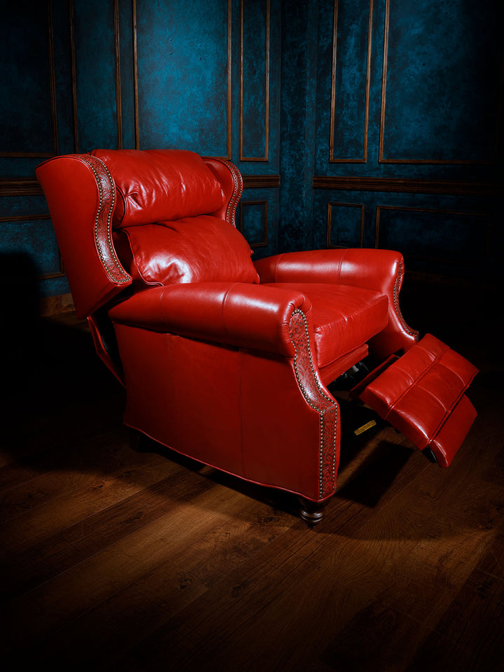 Red Rider Western Leather Recliner with distressed Ruby Red aniline leather in a side view angle.