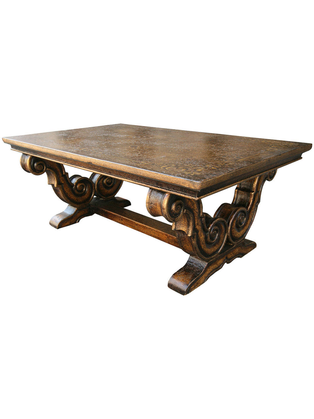 A rectangular Bria coffee table with a wood frame and legs featuring a dark brown finish and ornate designs.