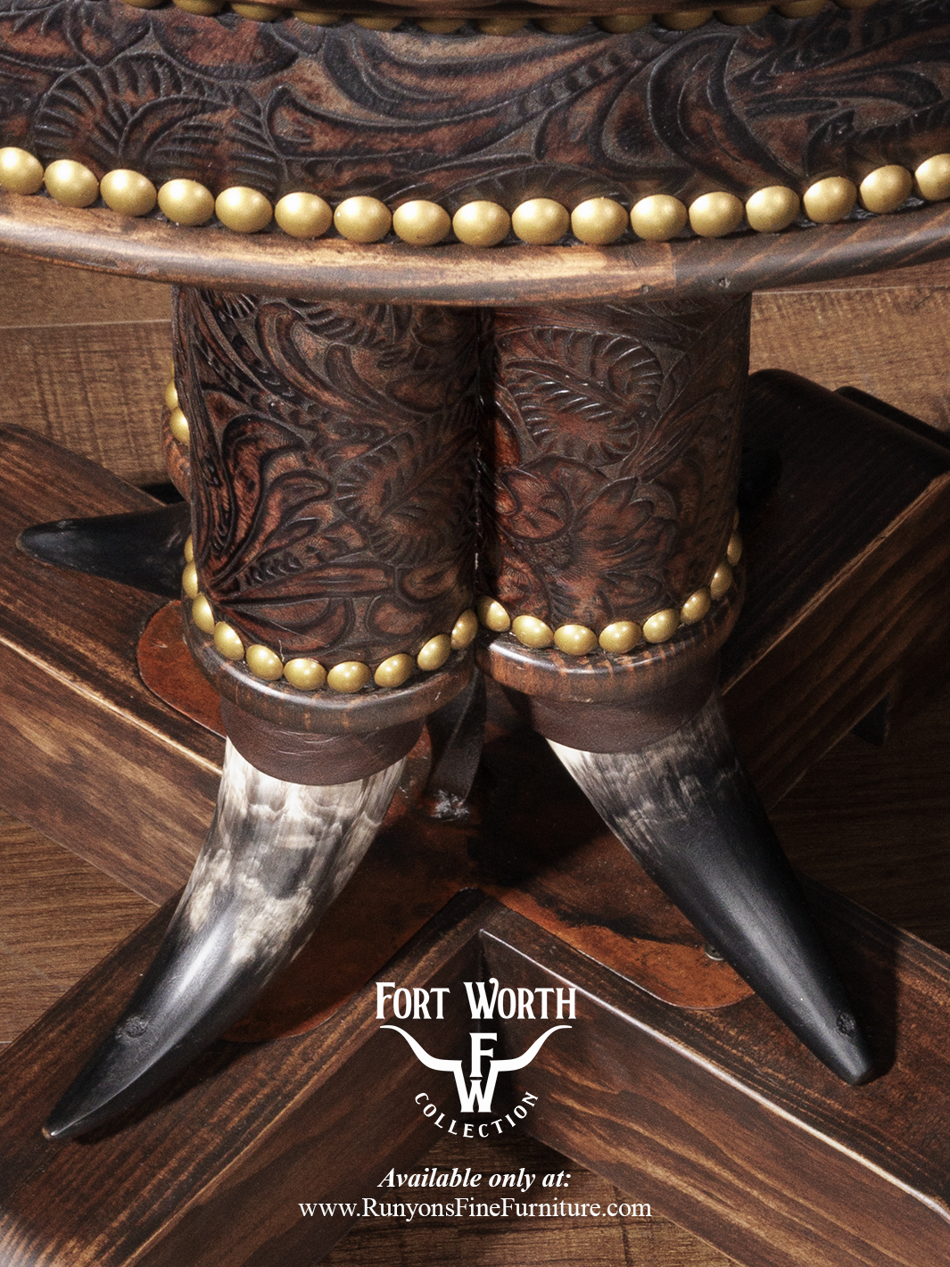 Western Steer Pedestal End Table with tooled leather accents, shown in a close-up view.
