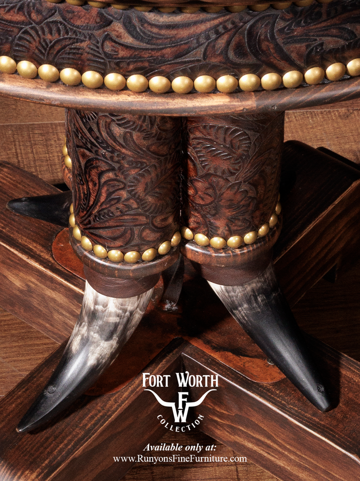 Western Steer Pedestal End Table with tooled leather accents, shown in a close-up view.
