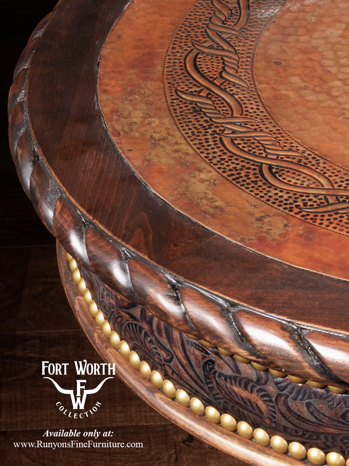 Western Steer Pedestal End Table with embossed leather trim and gold nailhead accents in a close-up view.