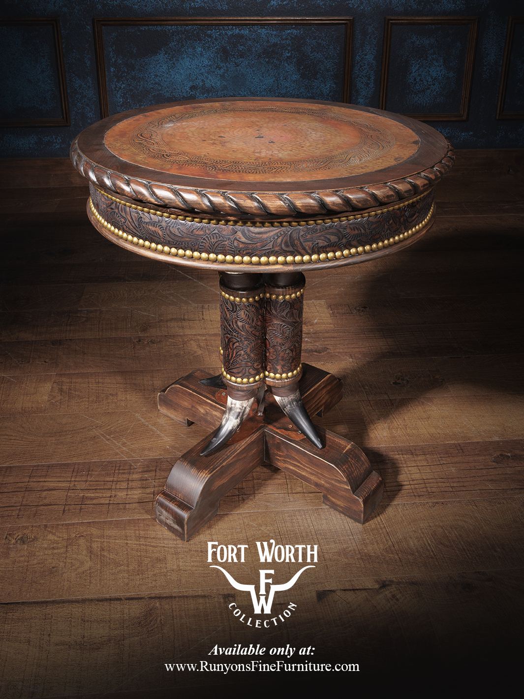 Western Steer Pedestal End Table with a copper top and hand-carved wood accents, styled in a living space.
