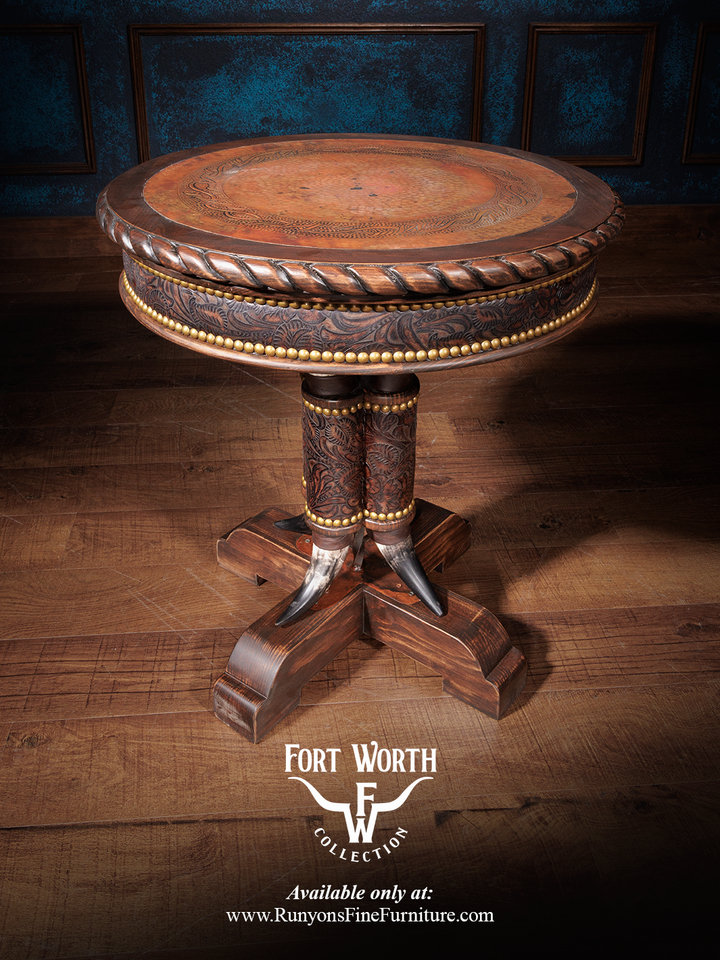 Western Steer Pedestal End Table with a copper top and hand-carved wood accents, styled in a living space.