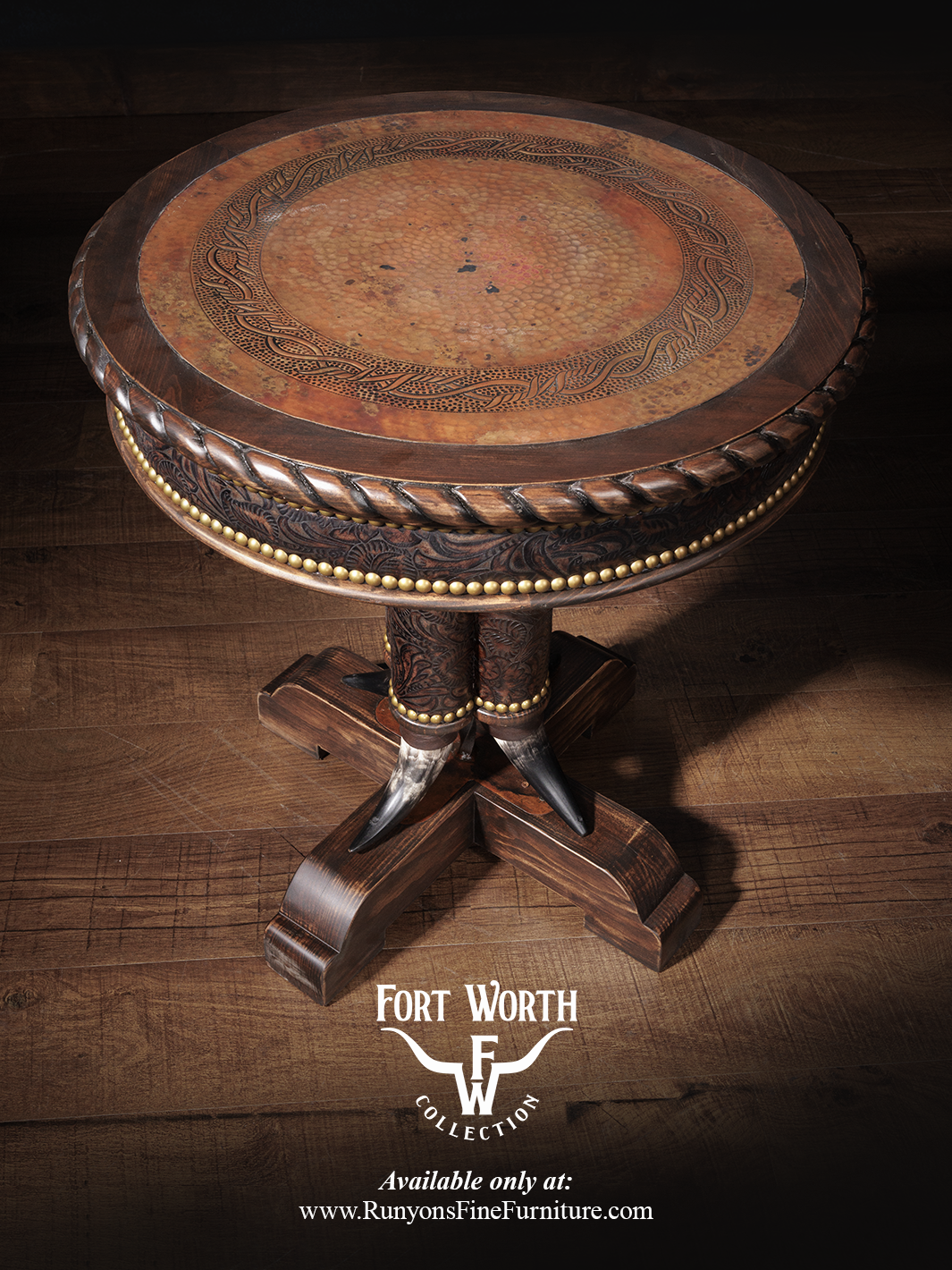 Western Steer Pedestal End Table with a round copper top framed by wood trim, styled in a dark living space.